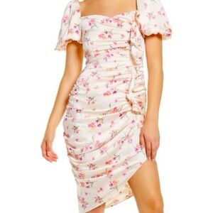 ASTR The Label Asymmetrical Floral Puff Sleeve Dress Light Blush Pink Size L